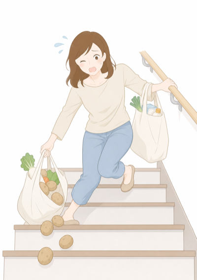 階段で買い物袋が破れて膝を痛めるシーン